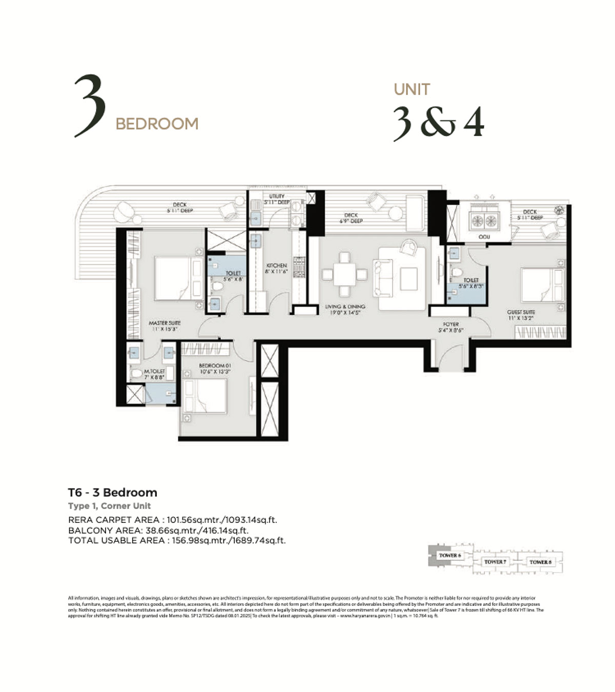 3 BHK T6 Type 1 Corner Unit Floor Plan
